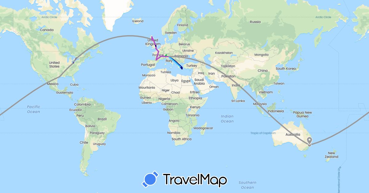 TravelMap itinerary: driving, bus, plane, train, boat in Australia, Canada, Switzerland, France, United Kingdom, Greece, Croatia, Italy, Singapore, United States (Asia, Europe, North America, Oceania)